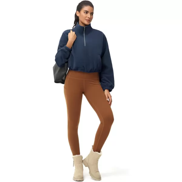 THE GYM PEOPLE Womens Half Zip Crop Pullover Sweatshirt Fleece Stand Collar Workout Tops with Pockets Drawstring HemNavy Blue