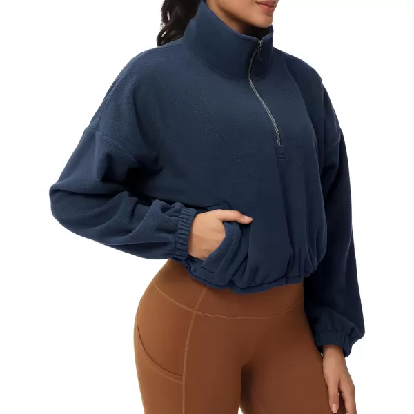 THE GYM PEOPLE Womens Half Zip Crop Pullover Sweatshirt Fleece Stand Collar Workout Tops with Pockets Drawstring HemNavy Blue