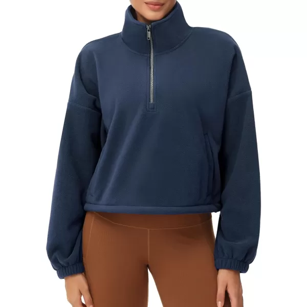 THE GYM PEOPLE Womens Half Zip Crop Pullover Sweatshirt Fleece Stand Collar Workout Tops with Pockets Drawstring HemNavy Blue