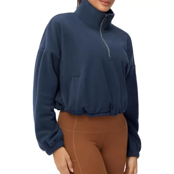 THE GYM PEOPLE Womens Half Zip Crop Pullover Sweatshirt Fleece Stand Collar Workout Tops with Pockets Drawstring HemNavy Blue