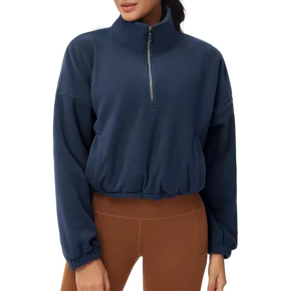 THE GYM PEOPLE Womens Half Zip Crop Pullover Sweatshirt Fleece Stand Collar Workout Tops with Pockets Drawstring HemNavy Blue