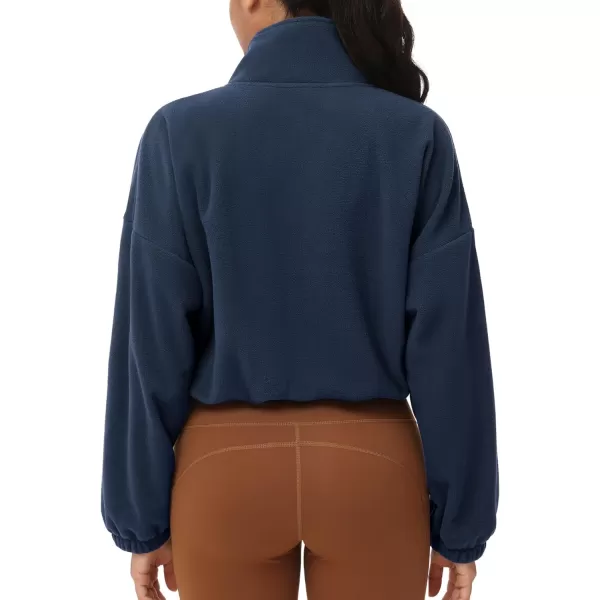 THE GYM PEOPLE Womens Half Zip Crop Pullover Sweatshirt Fleece Stand Collar Workout Tops with Pockets Drawstring HemNavy Blue