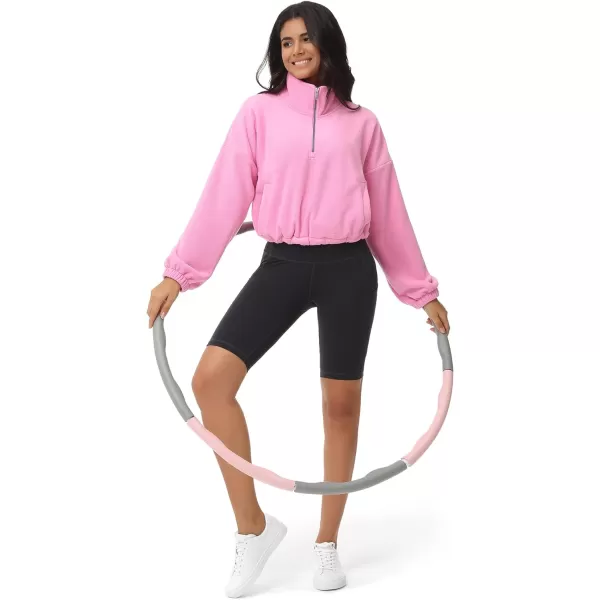 THE GYM PEOPLE Womens Half Zip Crop Pullover Sweatshirt Fleece Stand Collar Workout Tops with Pockets Drawstring HemPink
