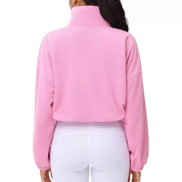 THE GYM PEOPLE Womens Half Zip Crop Pullover Sweatshirt Fleece Stand Collar Workout Tops with Pockets Drawstring HemPink
