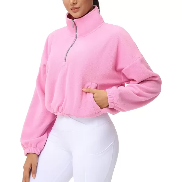 THE GYM PEOPLE Womens Half Zip Crop Pullover Sweatshirt Fleece Stand Collar Workout Tops with Pockets Drawstring HemPink