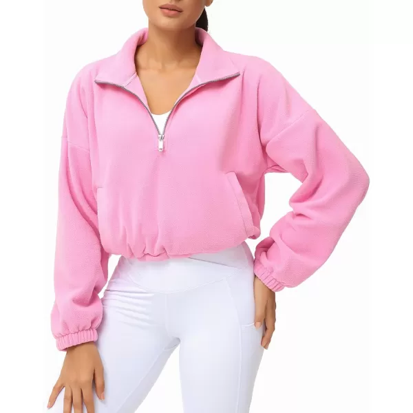 THE GYM PEOPLE Womens Half Zip Crop Pullover Sweatshirt Fleece Stand Collar Workout Tops with Pockets Drawstring HemPink