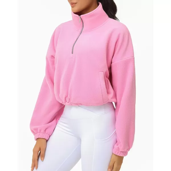 THE GYM PEOPLE Womens Half Zip Crop Pullover Sweatshirt Fleece Stand Collar Workout Tops with Pockets Drawstring HemPink