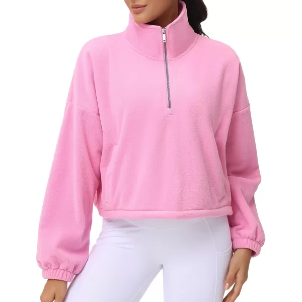 THE GYM PEOPLE Womens Half Zip Crop Pullover Sweatshirt Fleece Stand Collar Workout Tops with Pockets Drawstring HemPink