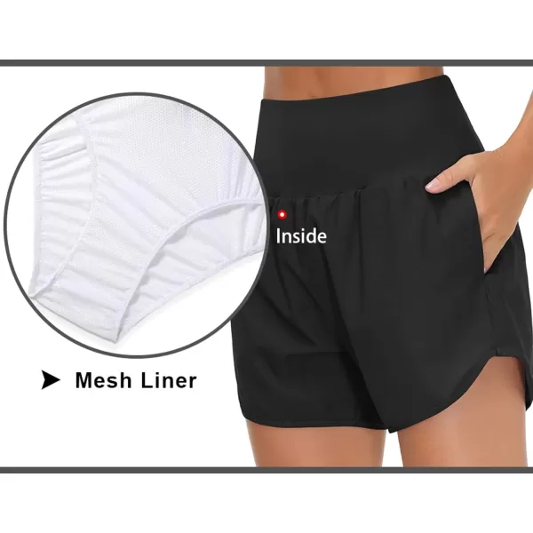 THE GYM PEOPLE Womens High Waist Running Shorts with Liner Athletic Hiking Workout Shorts Zip PocketsBlack