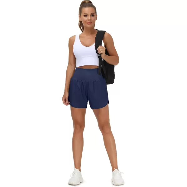 THE GYM PEOPLE Womens High Waist Running Shorts with Liner Athletic Hiking Workout Shorts Zip PocketsBlue