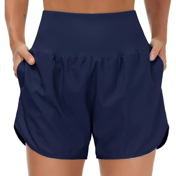 THE GYM PEOPLE Womens High Waist Running Shorts with Liner Athletic Hiking Workout Shorts Zip PocketsBlue