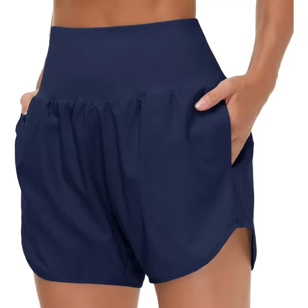 THE GYM PEOPLE Womens High Waist Running Shorts with Liner Athletic Hiking Workout Shorts Zip PocketsBlue