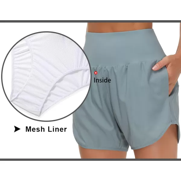 THE GYM PEOPLE Womens High Waist Running Shorts with Liner Athletic Hiking Workout Shorts Zip PocketsDenim Blue