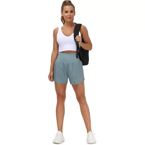 THE GYM PEOPLE Womens High Waist Running Shorts with Liner Athletic Hiking Workout Shorts Zip PocketsDenim Blue