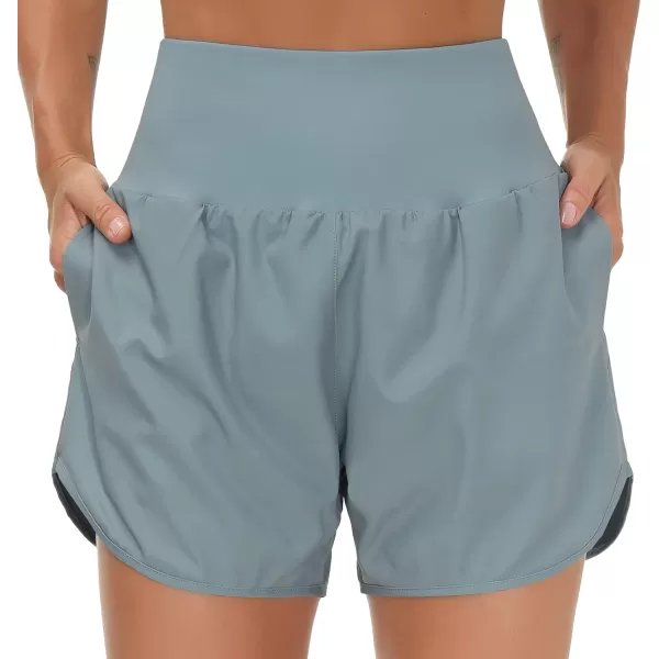 THE GYM PEOPLE Womens High Waist Running Shorts with Liner Athletic Hiking Workout Shorts Zip PocketsDenim Blue