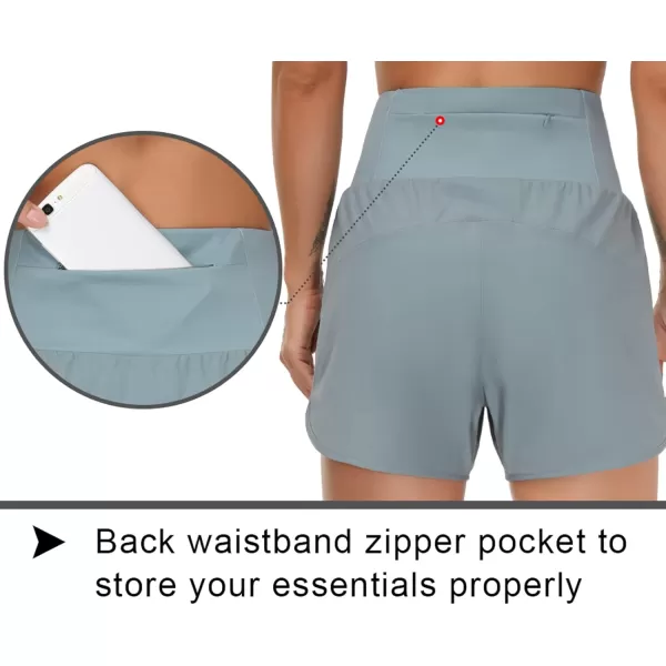 THE GYM PEOPLE Womens High Waist Running Shorts with Liner Athletic Hiking Workout Shorts Zip PocketsDenim Blue
