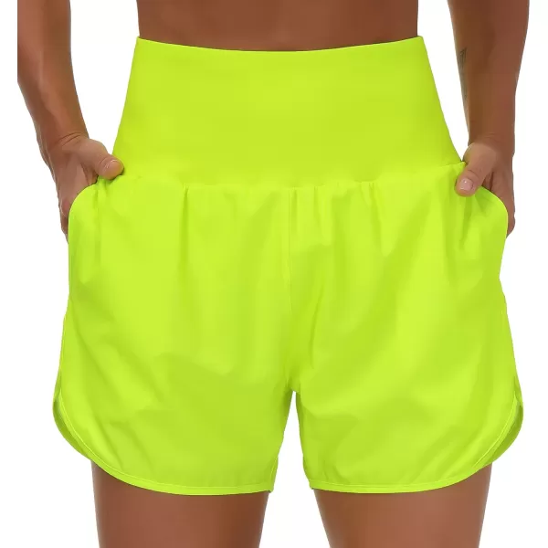 THE GYM PEOPLE Womens High Waist Running Shorts with Liner Athletic Hiking Workout Shorts Zip PocketsFluores Yellow