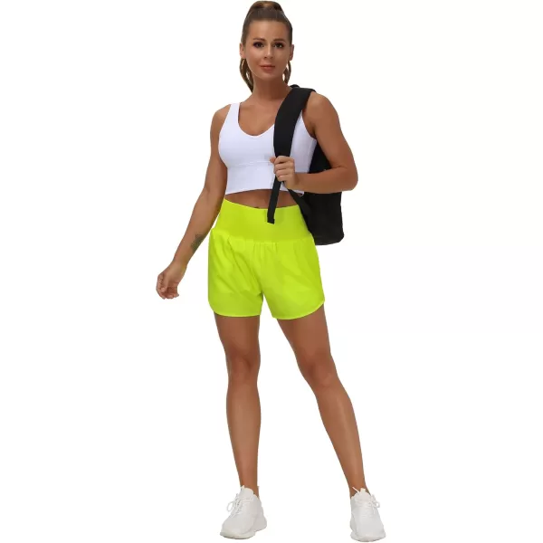 THE GYM PEOPLE Womens High Waist Running Shorts with Liner Athletic Hiking Workout Shorts Zip PocketsFluores Yellow