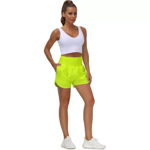THE GYM PEOPLE Womens High Waist Running Shorts with Liner Athletic Hiking Workout Shorts Zip PocketsFluores Yellow