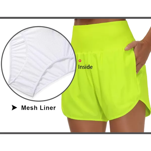 THE GYM PEOPLE Womens High Waist Running Shorts with Liner Athletic Hiking Workout Shorts Zip PocketsFluores Yellow