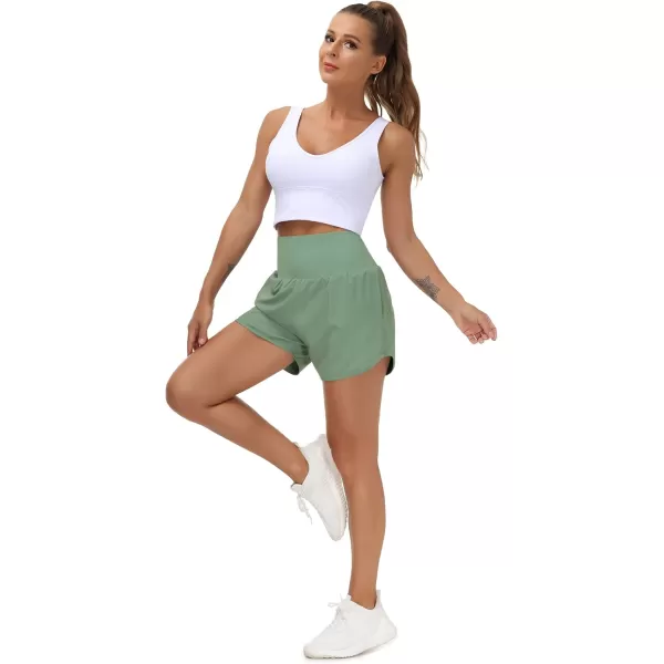 THE GYM PEOPLE Womens High Waist Running Shorts with Liner Athletic Hiking Workout Shorts Zip PocketsJasmine Green