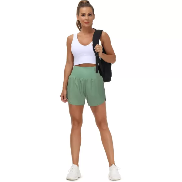THE GYM PEOPLE Womens High Waist Running Shorts with Liner Athletic Hiking Workout Shorts Zip PocketsJasmine Green