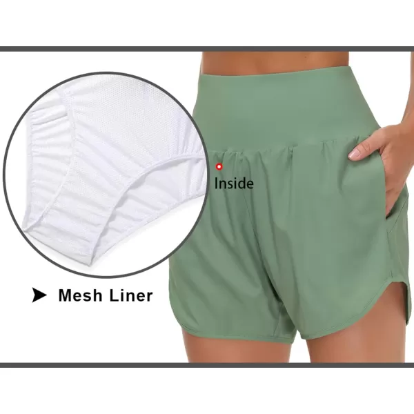THE GYM PEOPLE Womens High Waist Running Shorts with Liner Athletic Hiking Workout Shorts Zip PocketsJasmine Green