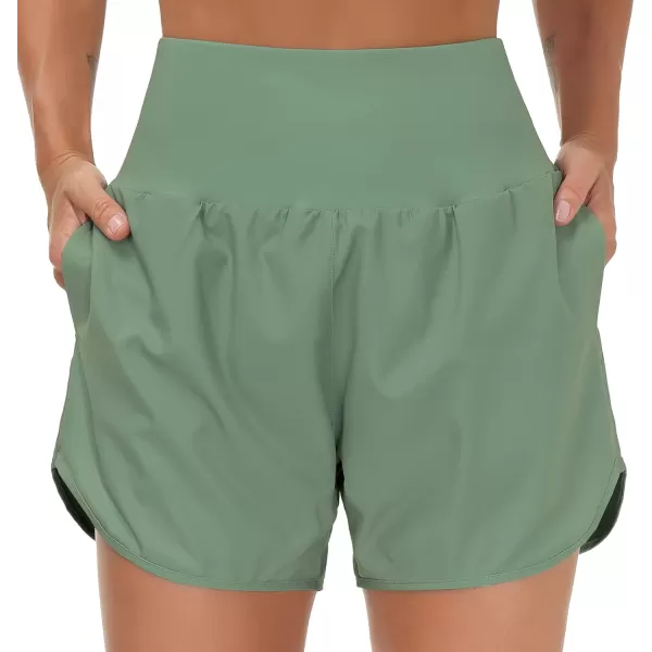 THE GYM PEOPLE Womens High Waist Running Shorts with Liner Athletic Hiking Workout Shorts Zip PocketsJasmine Green