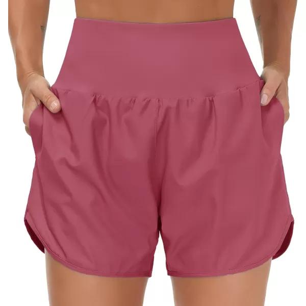 THE GYM PEOPLE Womens High Waist Running Shorts with Liner Athletic Hiking Workout Shorts Zip PocketsRose Red