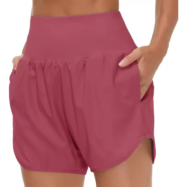 THE GYM PEOPLE Womens High Waist Running Shorts with Liner Athletic Hiking Workout Shorts Zip PocketsRose Red