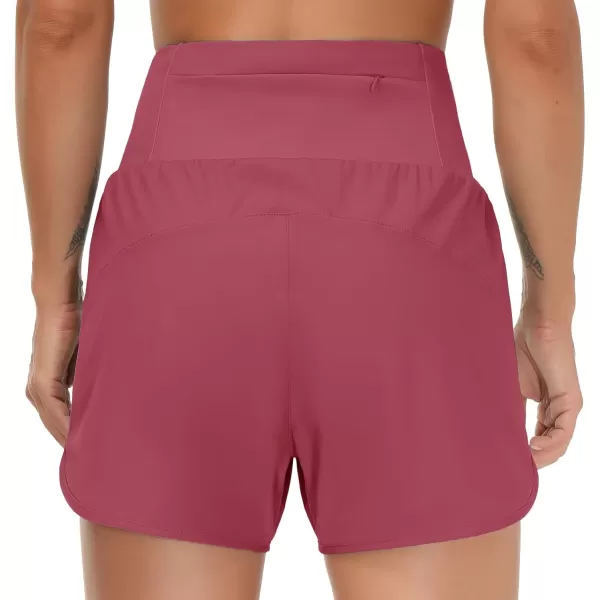 THE GYM PEOPLE Womens High Waist Running Shorts with Liner Athletic Hiking Workout Shorts Zip PocketsRose Red