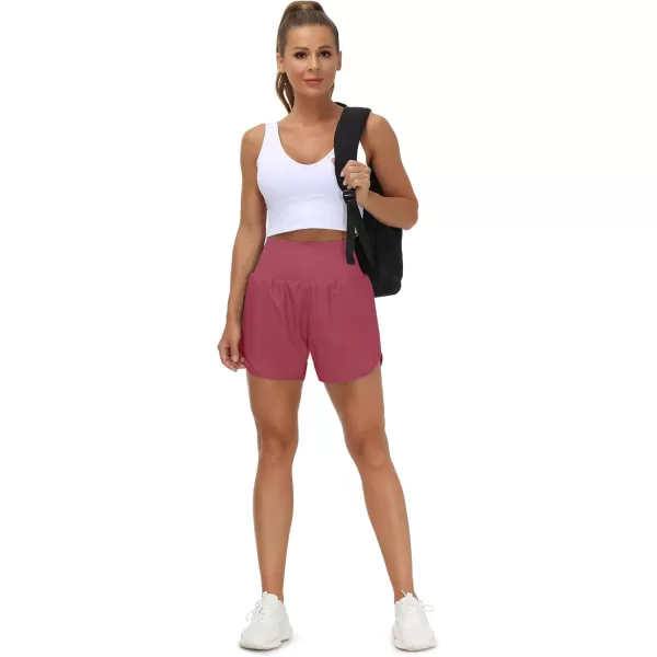 THE GYM PEOPLE Womens High Waist Running Shorts with Liner Athletic Hiking Workout Shorts Zip PocketsRose Red