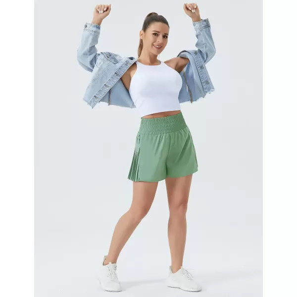 THE GYM PEOPLE Womens High Waist Workout Shorts Side Pleated Athletic Running Shorts with Mesh Liner Zip PocketJasmine Green