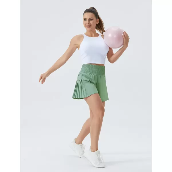 THE GYM PEOPLE Womens High Waist Workout Shorts Side Pleated Athletic Running Shorts with Mesh Liner Zip PocketJasmine Green