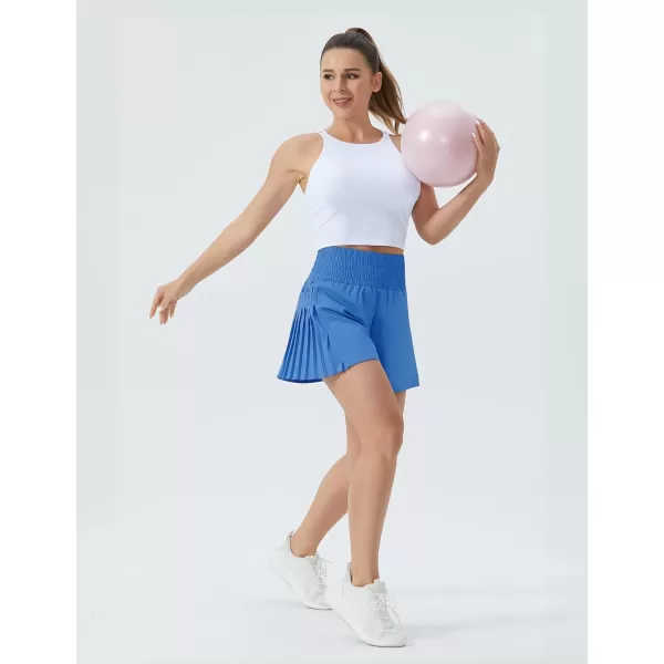 THE GYM PEOPLE Womens High Waist Workout Shorts Side Pleated Athletic Running Shorts with Mesh Liner Zip PocketLight Blue