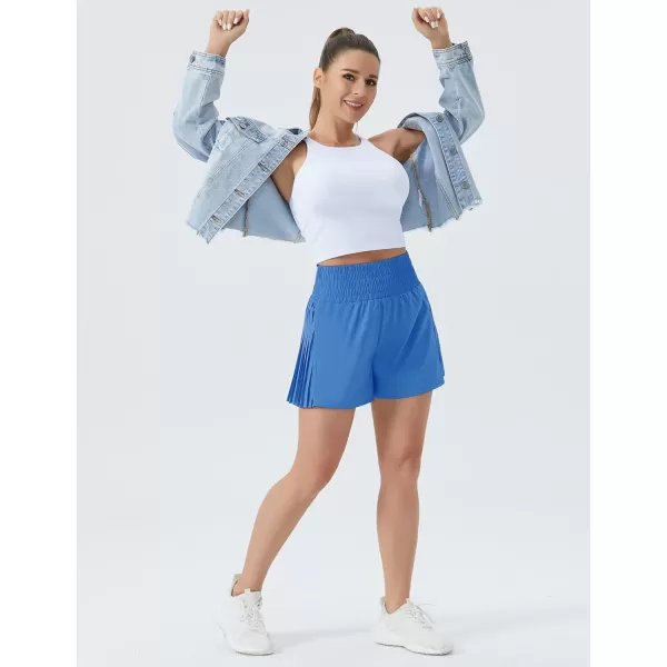 THE GYM PEOPLE Womens High Waist Workout Shorts Side Pleated Athletic Running Shorts with Mesh Liner Zip PocketLight Blue