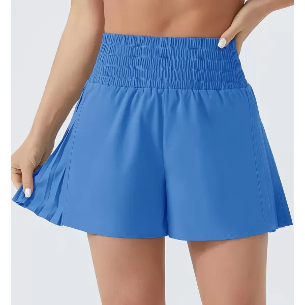 THE GYM PEOPLE Womens High Waist Workout Shorts Side Pleated Athletic Running Shorts with Mesh Liner Zip PocketLight Blue