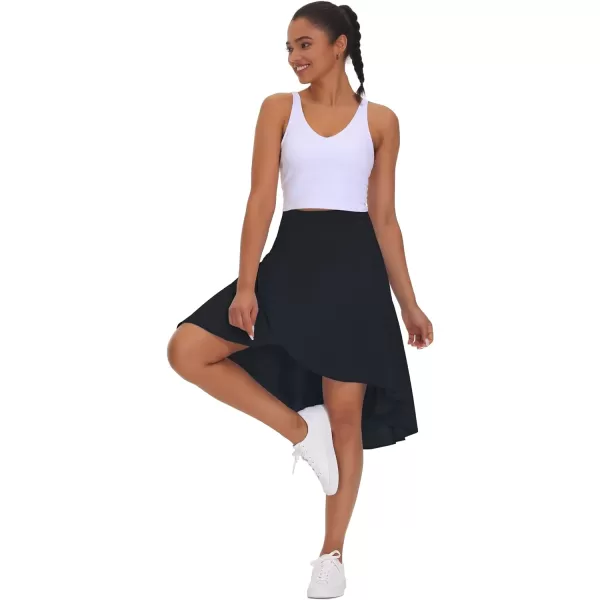 THE GYM PEOPLE Womens High Waist Wrap Ruffle Hem Asymmetric Skort High Low Flowy Midi Skirt with ShortsBlack
