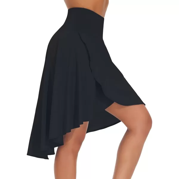 THE GYM PEOPLE Womens High Waist Wrap Ruffle Hem Asymmetric Skort High Low Flowy Midi Skirt with ShortsBlack