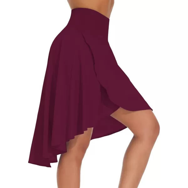 THE GYM PEOPLE Womens High Waist Wrap Ruffle Hem Asymmetric Skort High Low Flowy Midi Skirt with ShortsDark Red