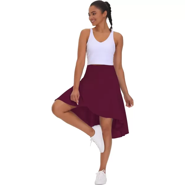 THE GYM PEOPLE Womens High Waist Wrap Ruffle Hem Asymmetric Skort High Low Flowy Midi Skirt with ShortsDark Red