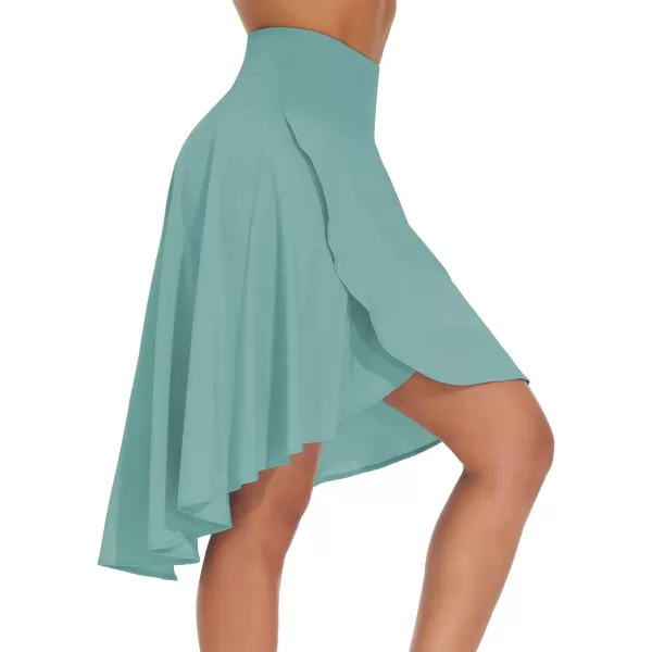 THE GYM PEOPLE Womens High Waist Wrap Ruffle Hem Asymmetric Skort High Low Flowy Midi Skirt with ShortsLight Blue Green