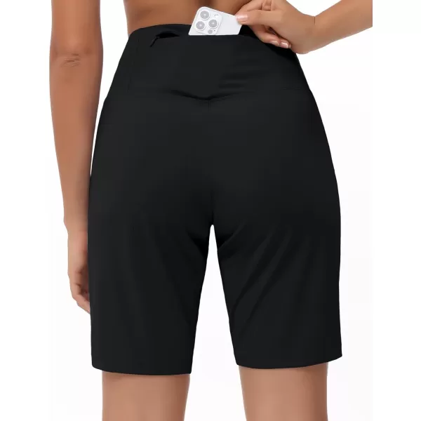THE GYM PEOPLE Womens High Waisted Bermuda Workout Shorts Long Hiking Running Shorts with Zipper PocketsBlack