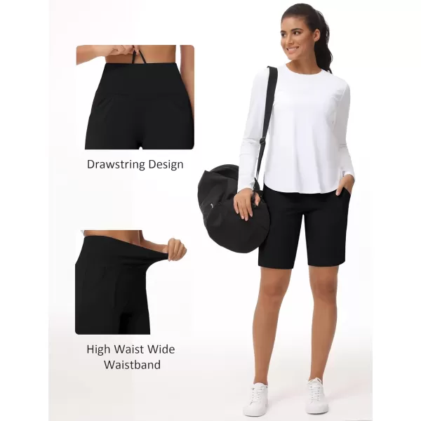 THE GYM PEOPLE Womens High Waisted Bermuda Workout Shorts Long Hiking Running Shorts with Zipper PocketsBlack