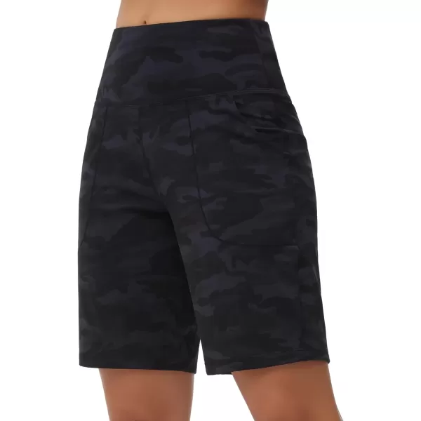 THE GYM PEOPLE Womens High Waisted Bermuda Workout Shorts Long Hiking Running Shorts with Zipper PocketsBlackgrey Camo