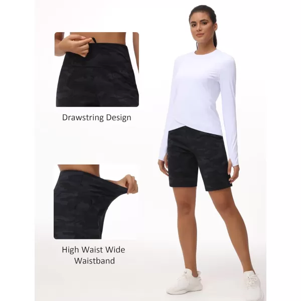 THE GYM PEOPLE Womens High Waisted Bermuda Workout Shorts Long Hiking Running Shorts with Zipper PocketsBlackgrey Camo
