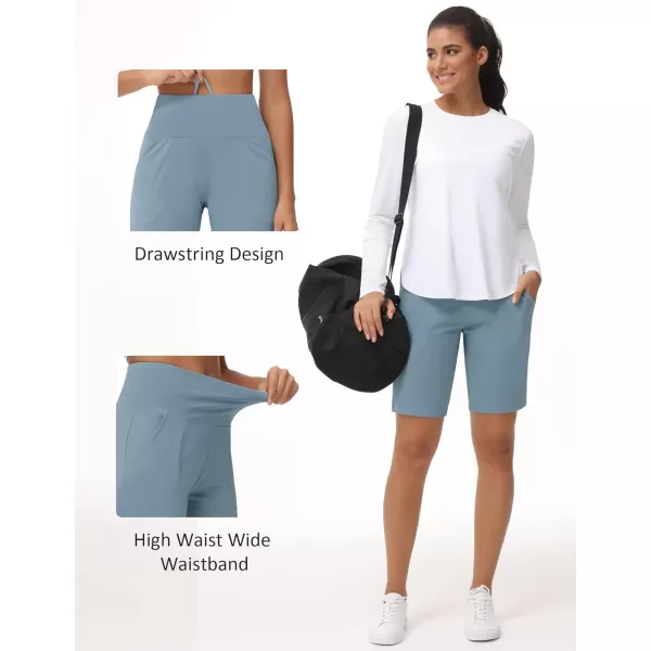 THE GYM PEOPLE Womens High Waisted Bermuda Workout Shorts Long Hiking Running Shorts with Zipper PocketsDenim Blue