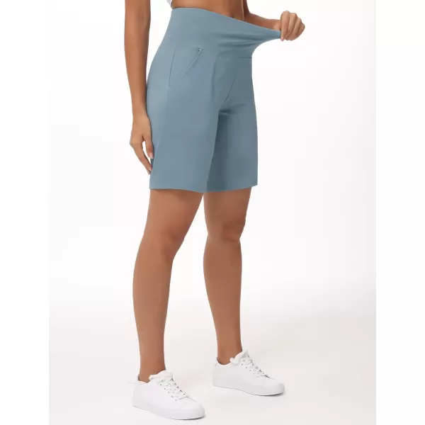 THE GYM PEOPLE Womens High Waisted Bermuda Workout Shorts Long Hiking Running Shorts with Zipper PocketsDenim Blue
