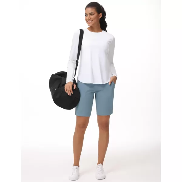 THE GYM PEOPLE Womens High Waisted Bermuda Workout Shorts Long Hiking Running Shorts with Zipper PocketsDenim Blue