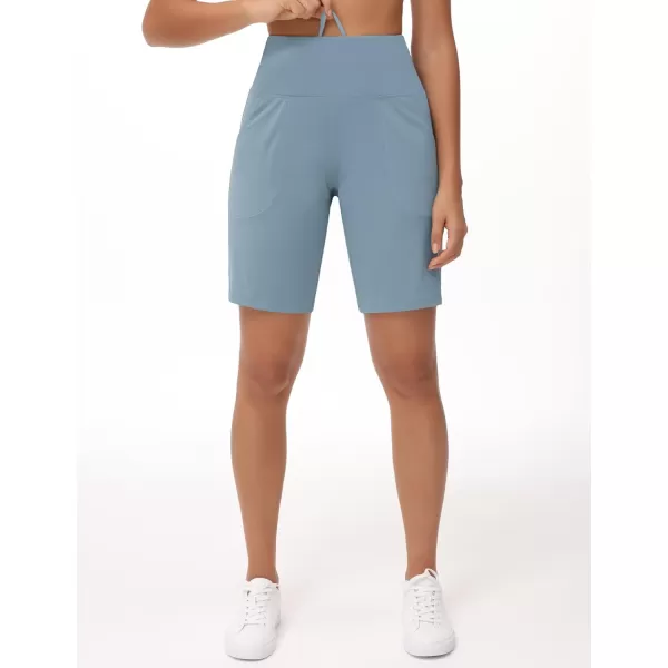 THE GYM PEOPLE Womens High Waisted Bermuda Workout Shorts Long Hiking Running Shorts with Zipper PocketsDenim Blue